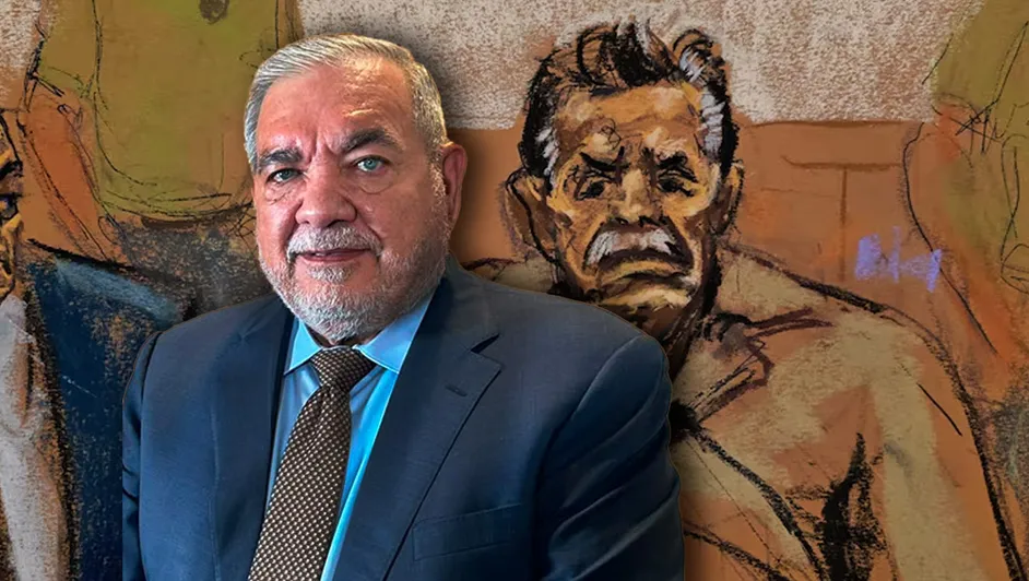 Man in suit before courtroom sketch backdrop
